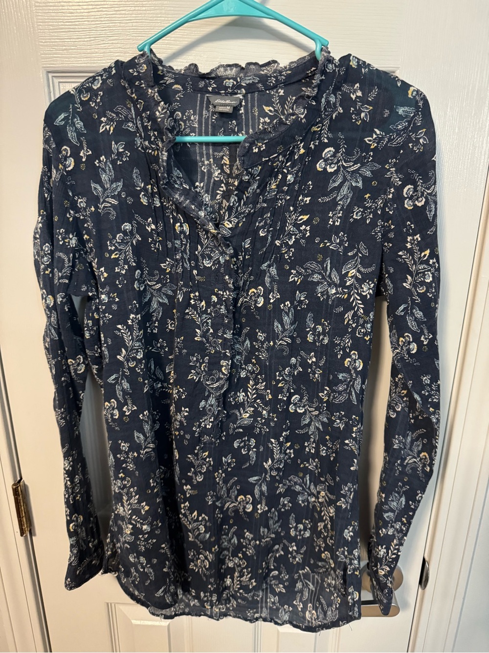 Eddie Bauer Navy Floral Ruffled Long-Sleeve Blouse NWOT